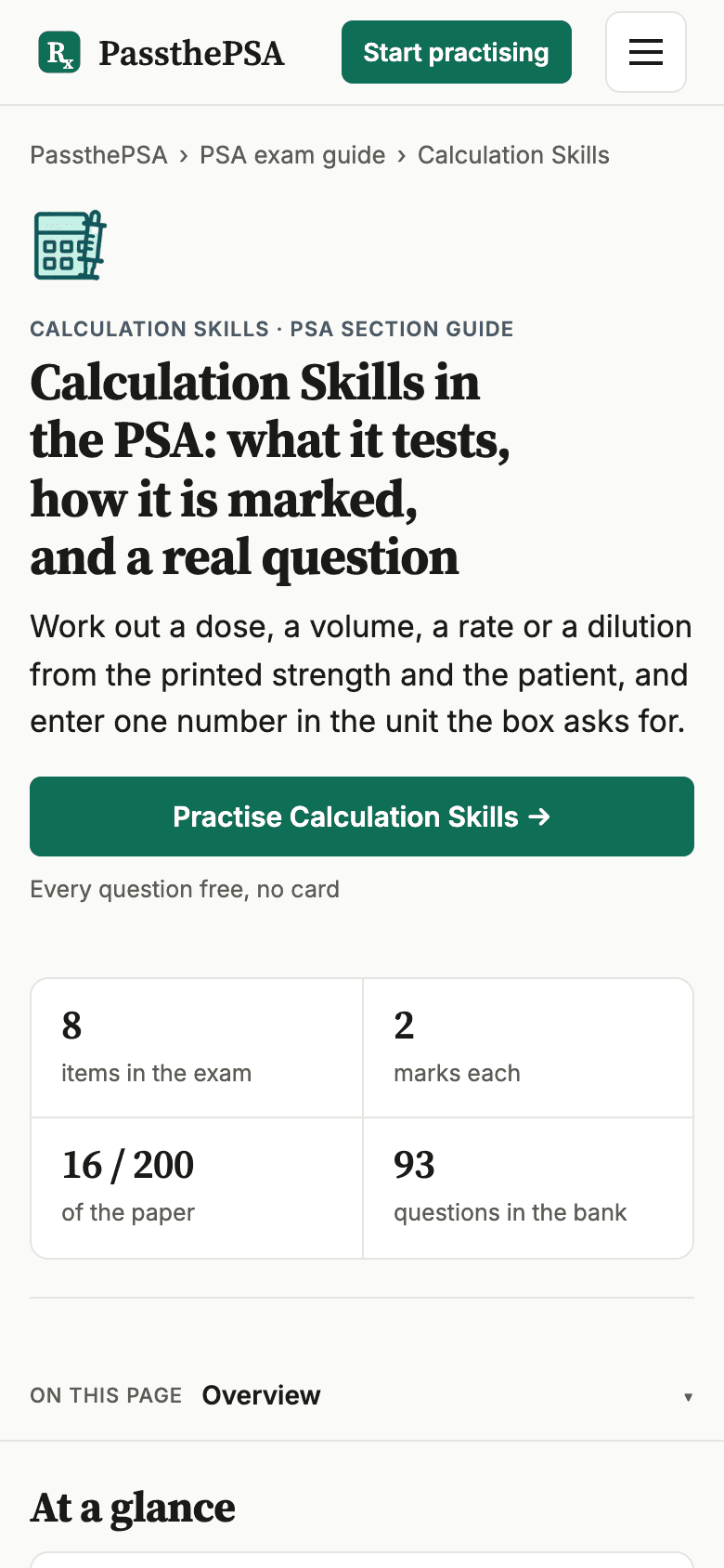 Calculation skills guide on a phone: 8 items in the exam, 2 marks each, 16 of 200 marks, 93 questions in the bank